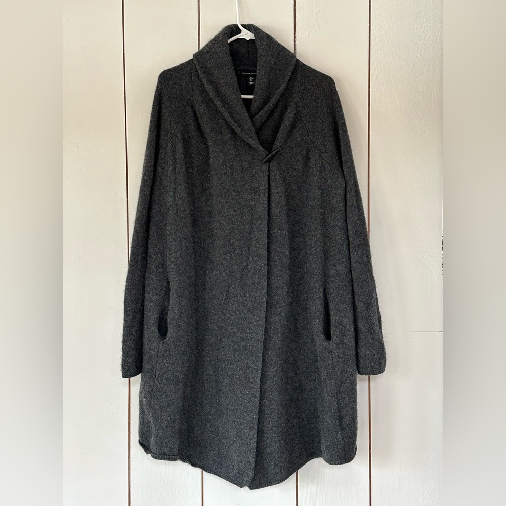 Adrienne Vittadini Charcoal Grey Cowl Neck Long Duster Cardigan L Wool/Yak Hair